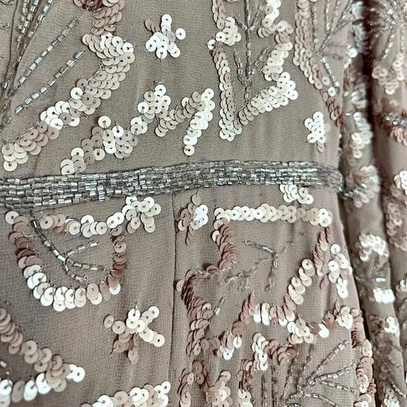 MAC DUGGAL Ruffle Neck Long Sleeve Sequin Midi Dress in Mauve Size US 6 - Picture 11 of 12